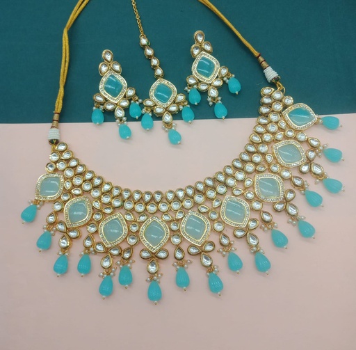 [AIMS004 SKY BLUE] AIMS004 SKY BLUE Premium quality Kundan Pendant Necklace & Earrings Jewellery set for Women