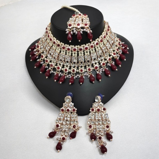 [SUNS0004 MAROON] SUNS0004 MAROON Kundan Choker Necklace Earring Jewellery set for Marriage