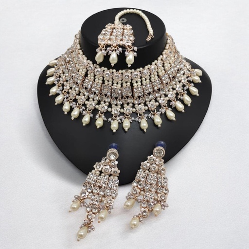 [SUNS0004 WHITE] SUNS0004 WHITE Kundan Choker Necklace Earring Jewellery set for Marriage