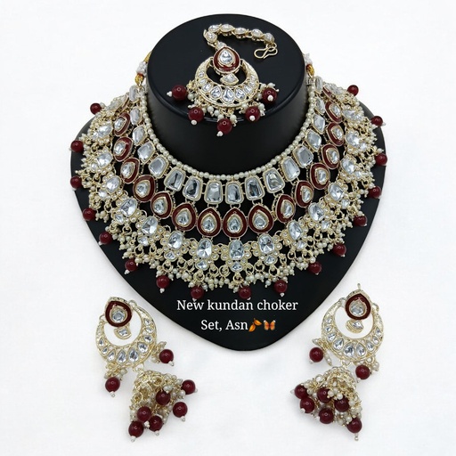 [SUNS0005 MAROON] SUNS0005 MAROON Kundan Choker Necklace Earring Jewellery set for Marriage