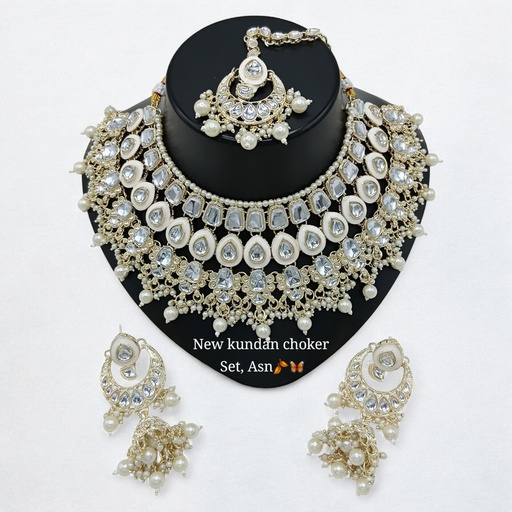 [SUNS0005 WHITE] SUNS0005 WHITE Kundan Choker Necklace Earring Jewellery set for Marriage