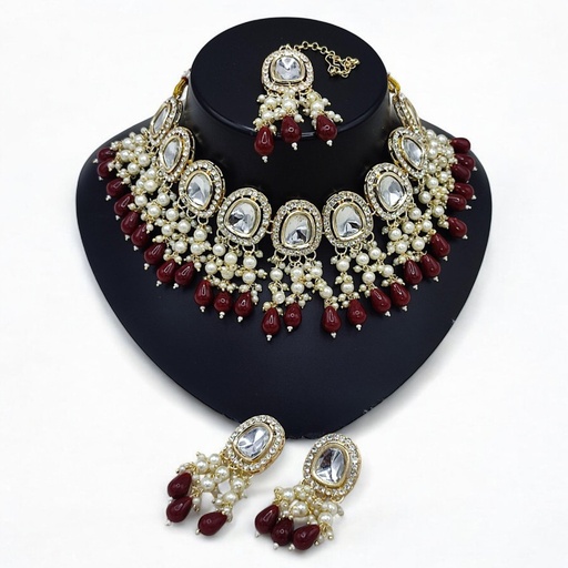 [SUNS0025 MAROON] SUNS0025 MAROON Kundan Choker Necklace Earring Jewellery set for Marriage