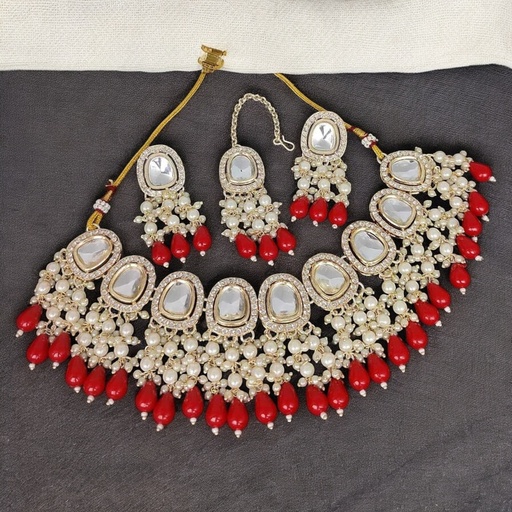 [SUNS0025 RED] SUNS0025 RED Kundan Choker Necklace Earring Jewellery set for Marriage