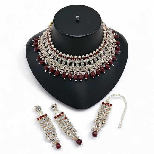 [SUNS002 MAROON] SUNS002 MAROON Kundan Choker Necklace Earring Jewellery set for Marriage